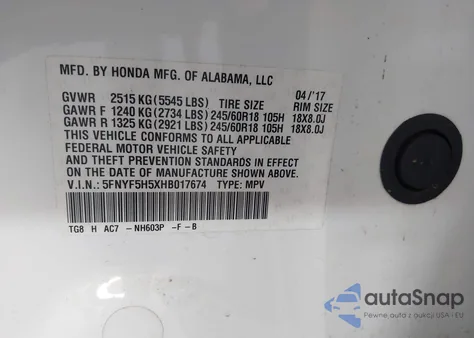 2017 Honda Pilot Ex-L z USA, uszkodzony, nr VIN 5FNYF5H5XHB017674